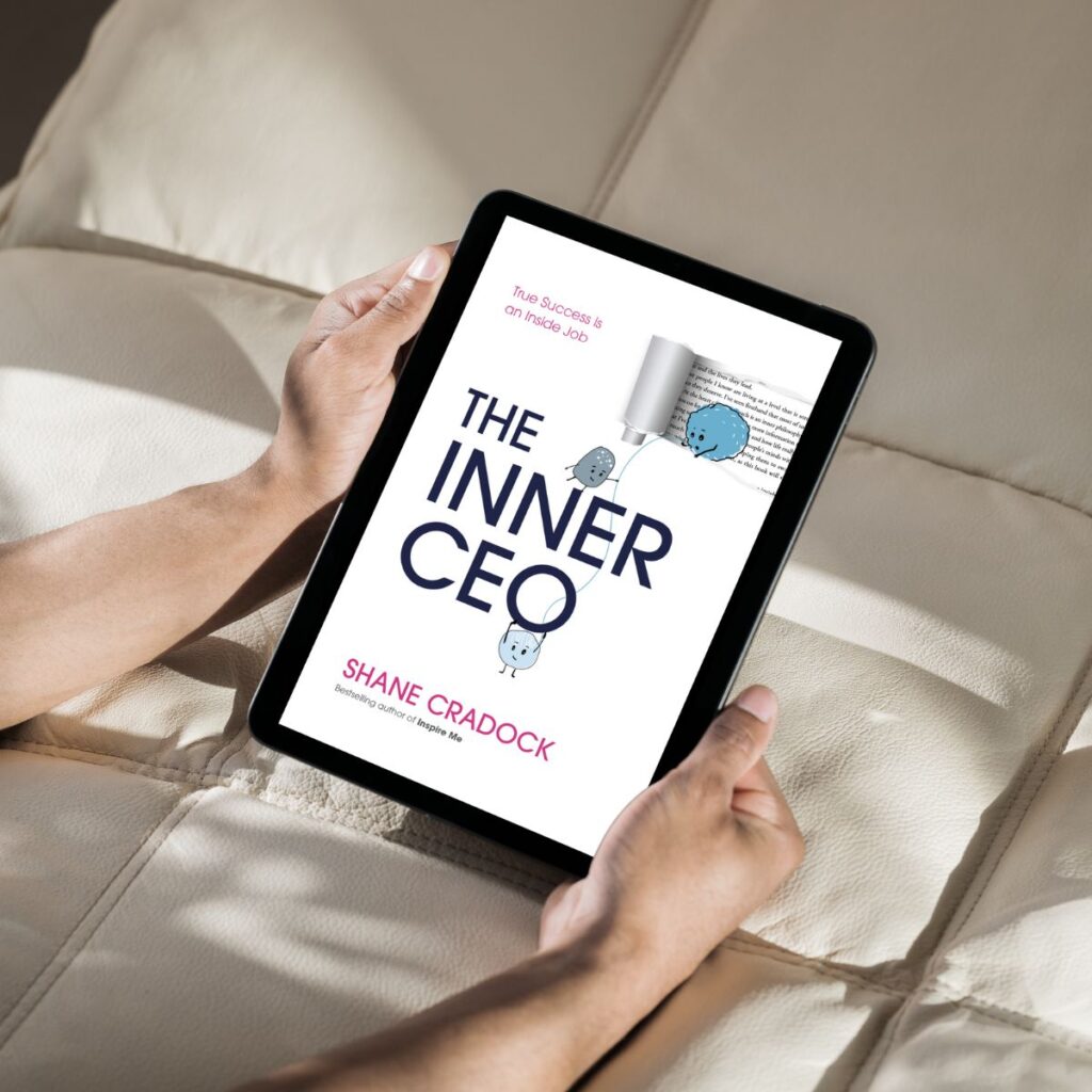 Mockup of an eReader showing a preview of the front cover of The Inner CEO from Shane Cradock